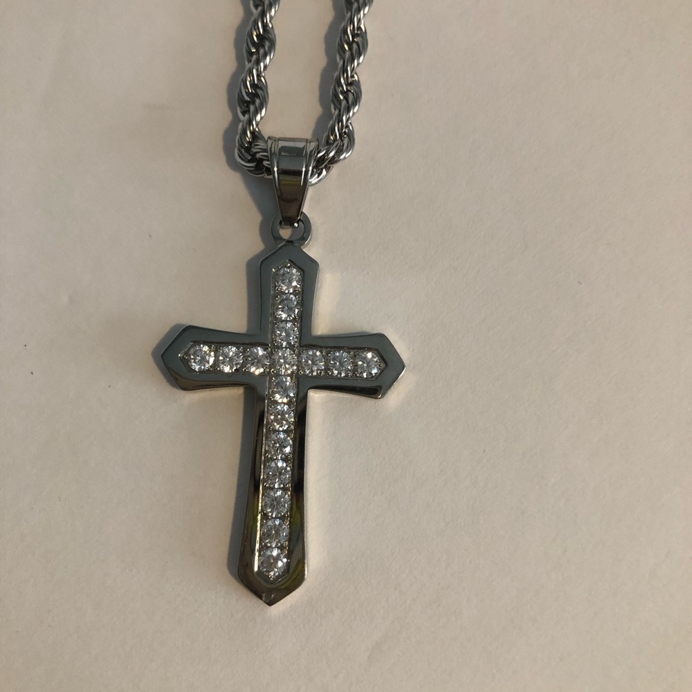 Stainless steel necklace large cubic zirconia cross w/ rope chain